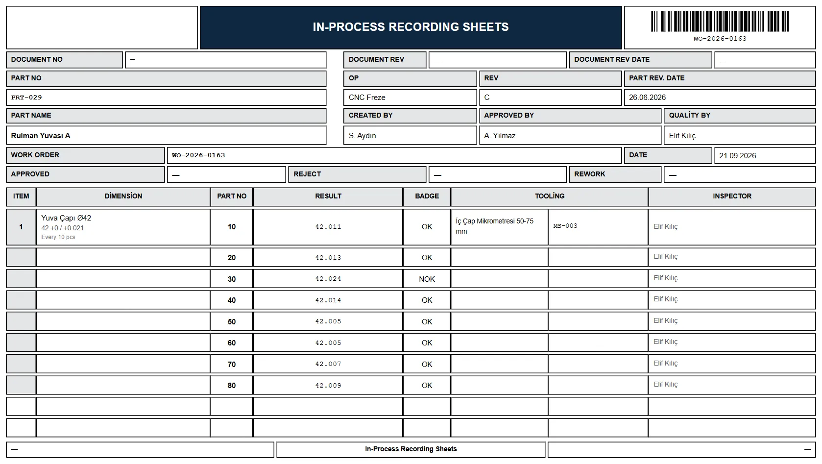 In-Process Recording Sheets belgesi: üretim sırasındaki ara kontrol ölçümleri parça numarasıyla