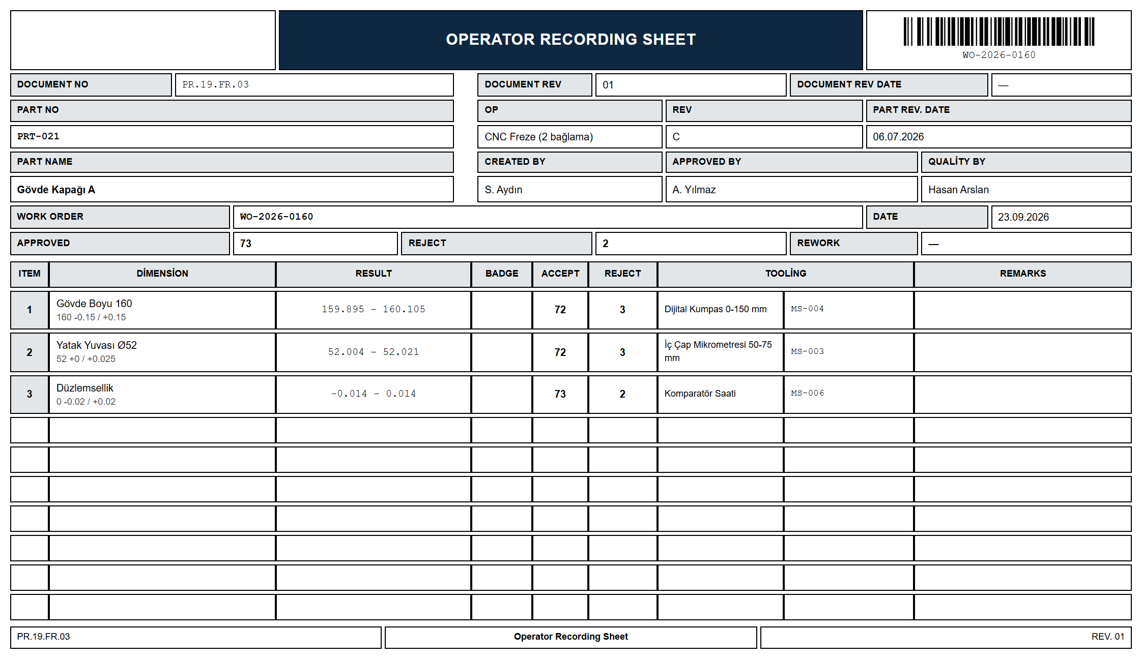 Operator Recording Sheet belgesi: operatörün ölçüm sonuçları, ölçüm aleti ve adetler